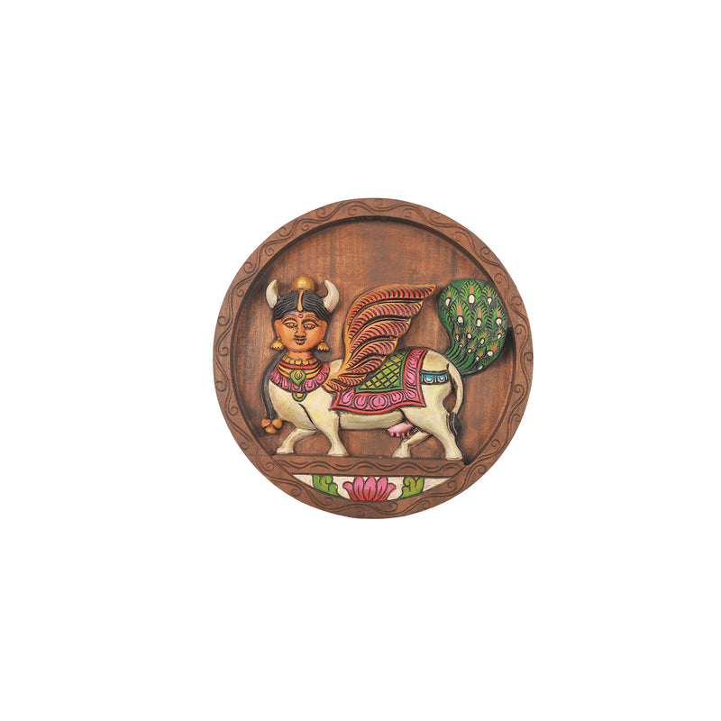 Wooden  wall hanging Kamdhenu round plate