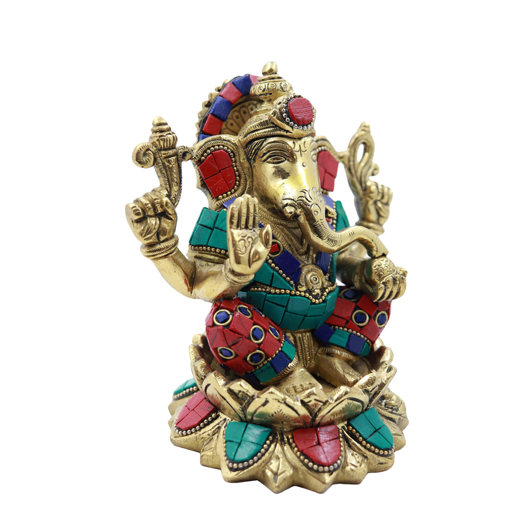 Ganesha Sitting On Lotus With Stone finish – Ragaarts